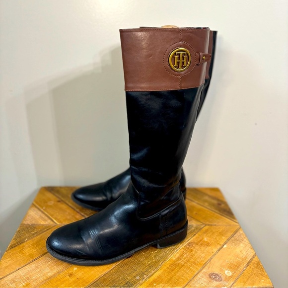 Tommy Hilfiger Black Brown Riding Boots Block Heel Round Toe - Picture 1 of 13